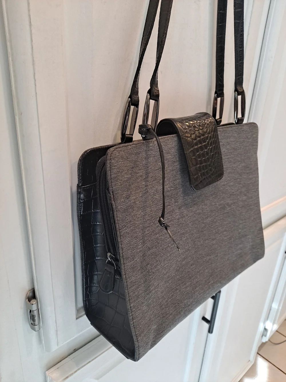 Dana B + Karen Gray Fabric Black Leather Trim Functional Modern Shoulder Bag